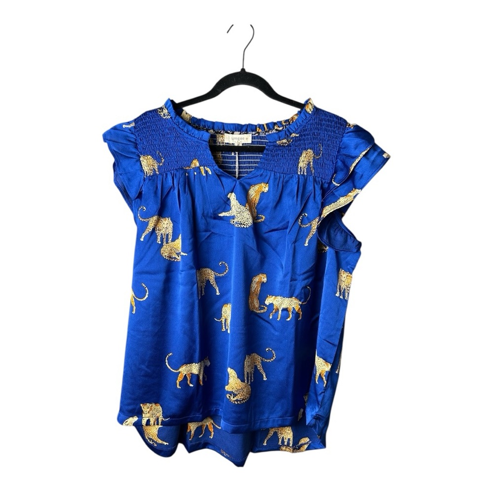 Umgee Women's Royal Blue Smocked Detail Cheetah Top with Gold Accents Size XL - Picture 9 of 9